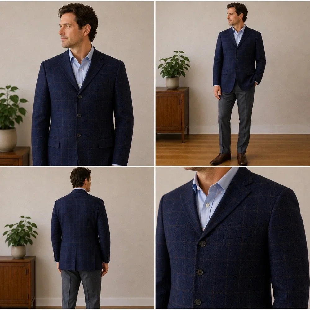Stafford Mens‎ 48R Navy Windowpane Wool Blend Classic Fit Sport Coat Blazer NEW